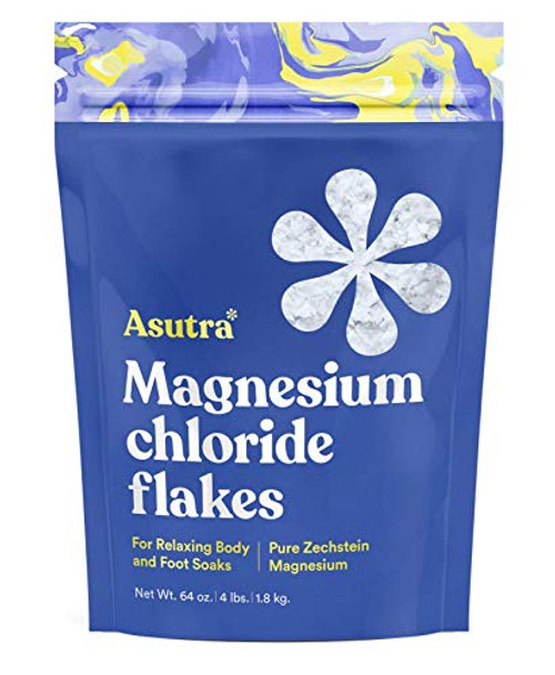 ASUTRA Magnesium Chloride Bath Flakes 4 lbs  for Foot   Body Soaks Relieve Muscle Cramps  Fight Joint Pain  Stress Anxiety Headache Relief  Pure Zechstein  Absorbs Faster Than Epsom Salts