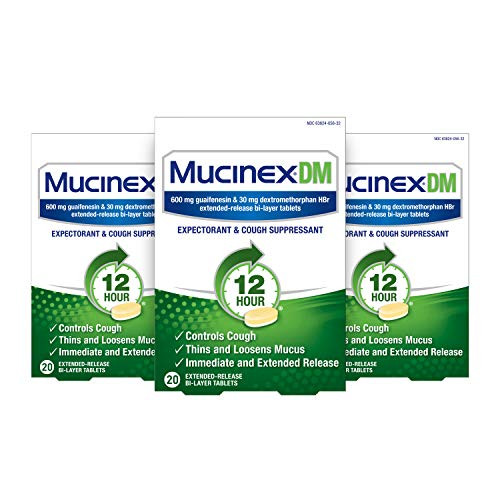 Cough Suppressant and Expectorant Mucinex DM 12 Hr Relief Tablets 20ct 600 mg Guaifenesin 30 mg Dextromethorphan HBr Controls Cough and Thins   Loosens Mucus That Causes Cough   Chest Congestion Pack of 3