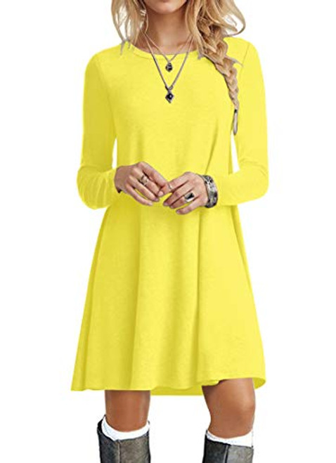 POPYOUNG Womens Long Sleeve T Shirt Dresses Casual Swing Dress L Yellow POPYOUNG Womens Long Sleeve T Shirt Dresses Casual Swing Dress L Yellow