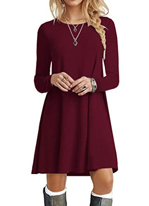 POPYOUNG Womens Long Sleeve T Shirt Dresses Casual Swing Dress S Wine Red POPYOUNG Womens Long Sleeve T Shirt Dresses Casual Swing Dress S Wine Red