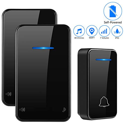 ?No Battery Required?Wireless Doorbell PYBBO IP55 Waterproof Doorbell Chime Kit Operating at 660 Feet Range with 2 Plug-in Receivers LED Flash Light with 7 Level Volume 48 Chimes for Home Office