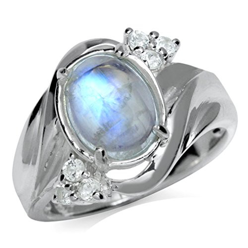 Silvershake Natural Moonstone and White Topaz 925 Sterling Silver Glamorous Ring Size 10