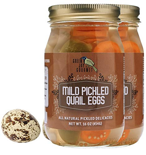 Green Jay Gourmet Mild Pickled Quail Eggs in a Jar  Fresh Hand Jarred for Cooking   Pantry  Mild Flavor - Simple Natural Ingredients - 2 x 16 Ounce Jars 