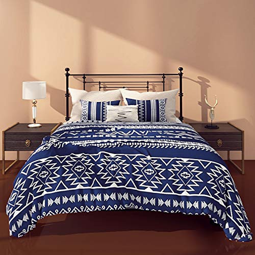 BARGHE Navy Blue Boho Duvet Cover Twin Aztec Duvet Cover Boho Striped Duvet Cover Bohemian Duvet Cover Striped Ethnic Navy Blue Boho Comforter Cover Geometric Duvet Cover Soft Microfiber Duvet Cover