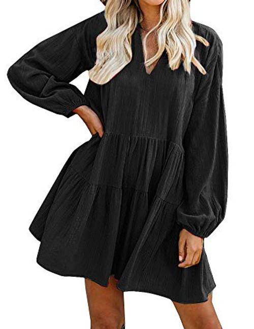 FANCYINN Womens Shift Tunic Dress Long Lantern Sleeves Babydoll V Neck Ruffle Swing Hem Maternity Dress Black L