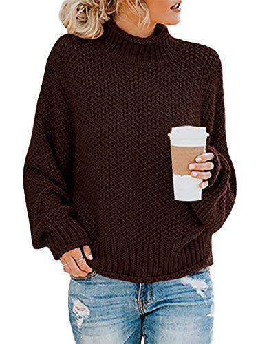 Glanzition Womens Fall Sweaters Long Sleeve Turtleneck Chunky Knit Sweater Jumper Brown M