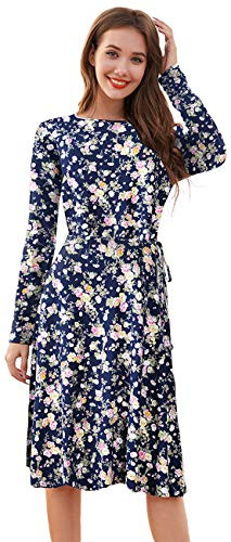 Schkleier Womens Long Sleeve Casual Swing Dress Midi Floral Vintage Dress with Pockets