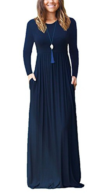 HAOMEILI Womens Long Sleeve Loose Plain Long Maxi Casual Dresses with Pockets M Navy Blue HAOMEILI Womens Long Sleeve Loose Plain Long Maxi Casual Dresses with Pockets M Navy Blue