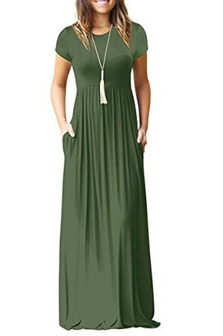 HAOMEILI Womens Short Sleeve Loose Plain Long Maxi Casual Dresses with Pockets XS Army Green HAOMEILI Womens Short Sleeve Loose Plain Long Maxi Casual Dresses with Pockets XS Army Green