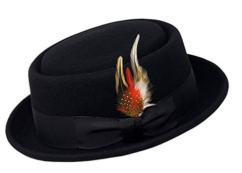 Mens Crush-able Wool Felt Porkpie Pork Pie Fedora Hats with Feather L Black