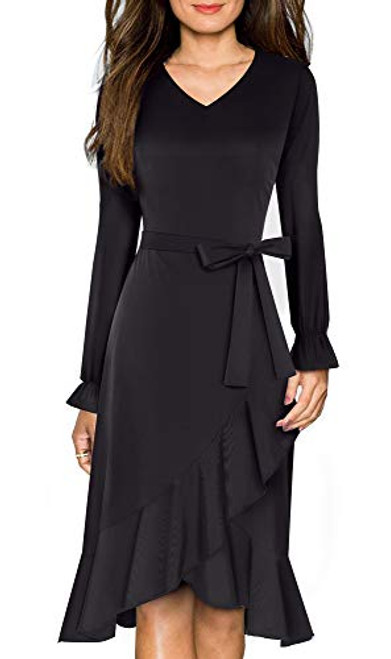 HOMEYEE Womens Vintage V Neck Ruffle Flared Swing Casual Cocktail Party Dresses A184Black4 HOMEYEE Womens Vintage V Neck Ruffle Flared Swing Casual Cocktail Party Dresses A184Black4