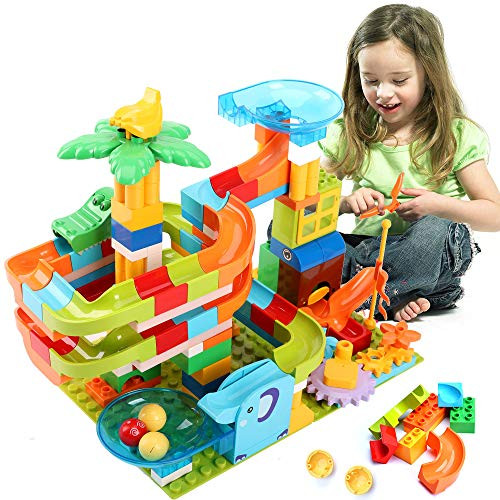 Lekebaby Marble Run Building Blocks 150 PCS Classic Big Blocks Marble Maze Race Track Compatible with All Major Brands Various Track Models for Boys Girls Aged 34568
