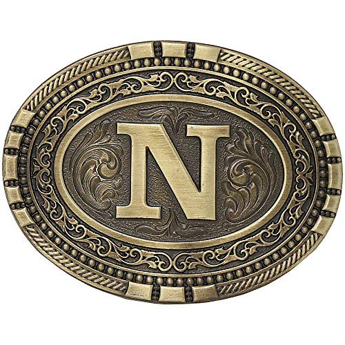 Exos Oval Western Brass Cast Filigree Rope Border Initial Belt Buckle N