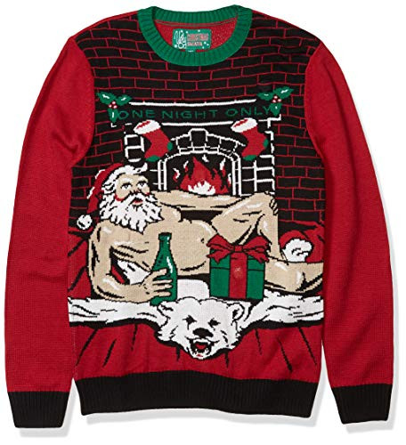 Ugly Christmas Sweater Company Mens Assorted Light-Up Xmas Crew Neck Sweaters with Multi-Colored LED Flashing Lights Cayenne Romantic Santa Large