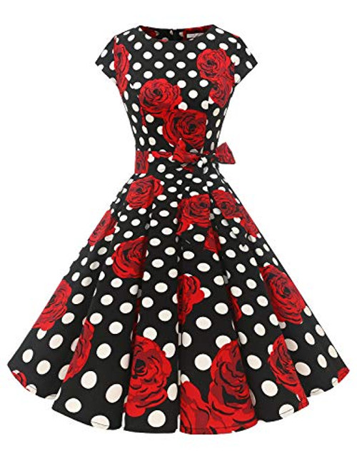 Dressystar 1956 Women Vintage Cocktail Dress 1950s Retro Rockabilly Prom Dresses Cap-Sleeve BlackWhiteRose XL