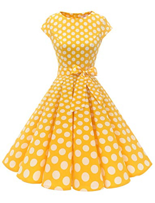 Dressystar 1956 Women Vintage Cocktail Dress 1950s Retro Rockabilly Prom Dresses Cap-Sleeve YellowWhiteDot B L