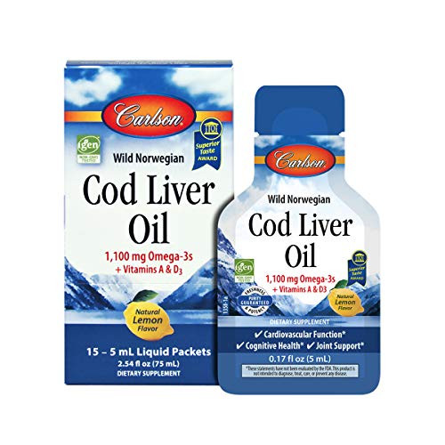 Carlson - Cod Liver Oil Single-Serving Packets 1100 mg Omega-3s Norwegian Cardiovascular Function Heart Health Joint Support Lemon Box of 15 Packets 5 ml Each