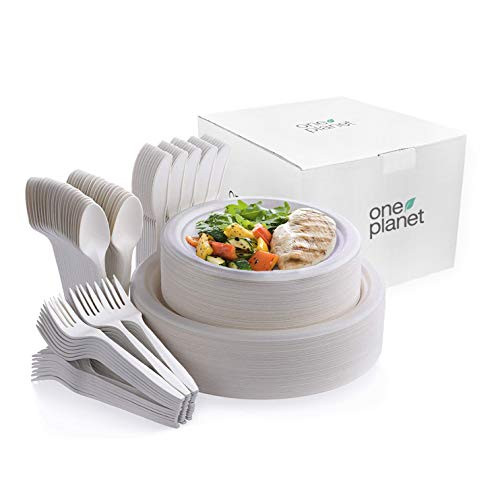 Compostable Plates Biodegradable Plates Disposable Dinnerware Set Heavy duty paper plates Compostable Cutlery Compostable utensils eco friendly plates Biodegradable Dinnerware set One Planet