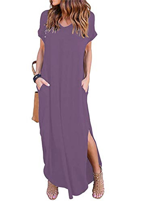 HUSKARY Womens Summer Maxi Dress Casual Loose Pockets Long Dress Short Sleeve Split Mauve