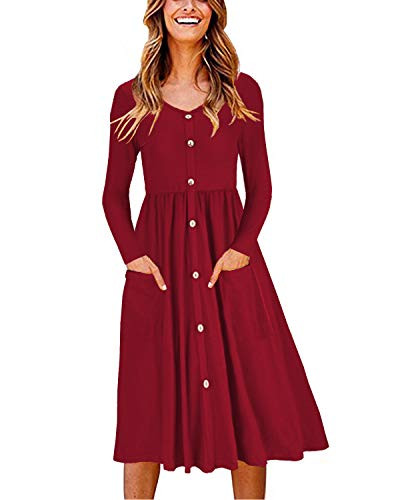 OUGES Womens Long Sleeve V Neck Button Down Midi Skater Dress with PocketsWineS