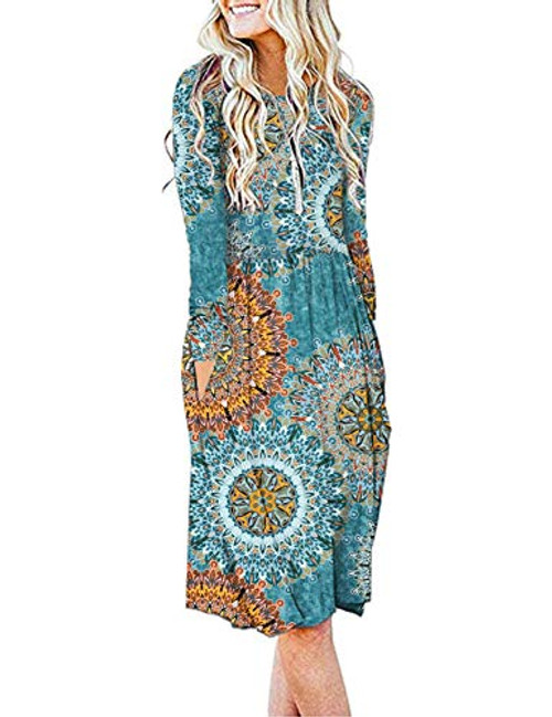AUSELILY Womens Long Sleeve Pockets Empire Waist Loose Swing Casual Flare Print Floral Pleated Dress XS H Green AUSELILY Womens Long Sleeve Pockets Empire Waist Loose Swing Casual Flare Print Floral Pleated Dress XS H Green