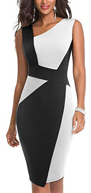 HOMEYEE Women Vintage Contrast Color Patchwork Work Business Dress B5176BlackWhite HOMEYEE Women Vintage Contrast Color Patchwork Work Business Dress B5176BlackWhite