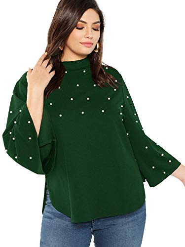 Romwe Womens Plus Elegant Pearls Beaded Long Sleeve Blouse Top Green 1XL
