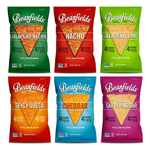 Beanfields Bean Chips High Protein and Fiber Gluten Free Vegan Snack 6 Flavor Pack Nacho Jalapeño Nacho Cheddar Sour Cream Jalapeño Lime Himalayan Salt  Vinegar Spicy Queso 5_5oz Pack of 6