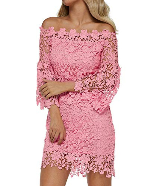 Auxo Women Off Shoulder Floral Lace Dress Vintage Crochet Bodycon Flared Sleeve Midi Party Cocktail Dressess Pink M