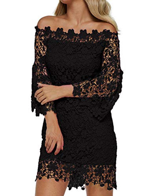 Auxo Women Off Shoulder Floral Lace Dress Vintage Crochet Bodycon Flared Sleeve Midi Party Cocktail Dressess Black XL
