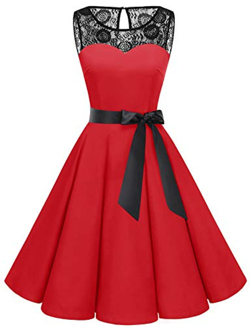 Bbonlinedress Womens 1950s Vintage Rockabilly Swing Dress Lace Cocktail Prom Party Dress Red M