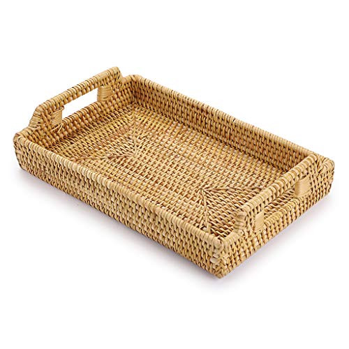 Hipiwe Rattan Serving Tray with Handles - Hand-Woven Decorative Tray for Storage Breakfast Drinks Snack Rectangular Basket Organizer Tray for Coffee Table Home Decor