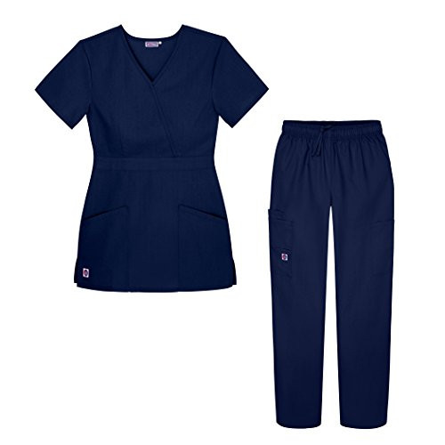 Sivvan Womens Scrub Set - Multi Pocket Cargo Pants   Stylish Mock Wrap Top - S8401 - Navy - S