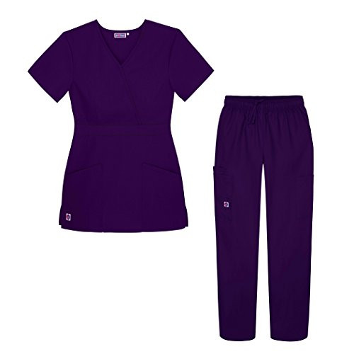 Sivvan Womens Scrub Set - Multi Pocket Cargo Pants   Stylish Mock Wrap Top - S8401 - Purple - M