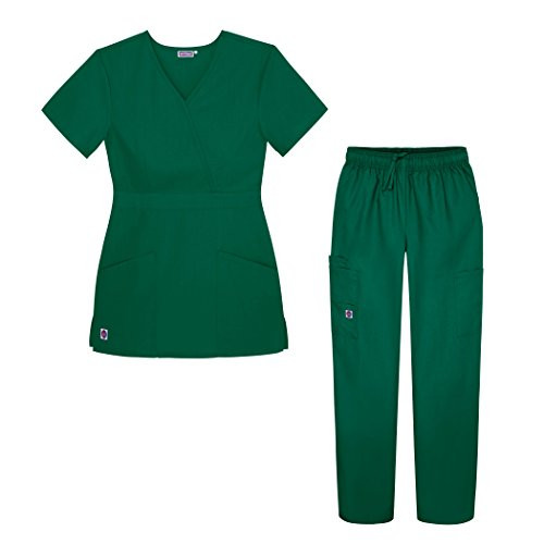 Sivvan Womens Scrub Set - Multi Pocket Cargo Pants   Stylish Mock Wrap Top - S8401 - Hunter Green - L