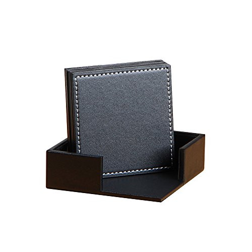 YAPISHI PU Leather Coasters , Table Mats with Holder for Cup Glass Tableware Table Decoration，Set of 6 with Holder ( Black,Square)
