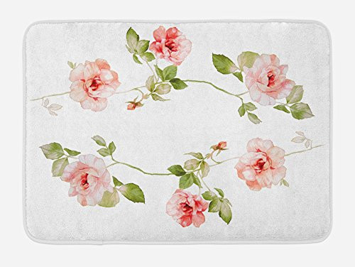 Ambesonne Floral Bath Mat Romantic Rose Flower Petals Shabby Form Love Blooms Botanical Design Plush Bathroom Decor Mat with Non Slip Backing 29_5 X 17_5 Green Peach