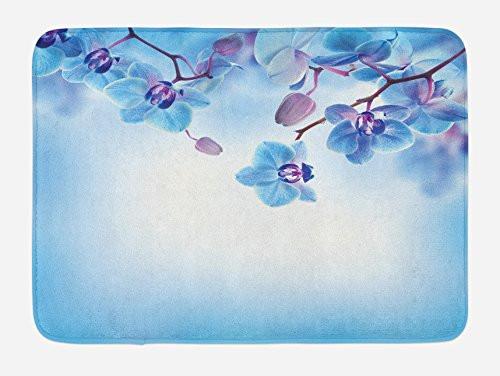 Ambesonne Flower Bath Mat Orchids Natural Flowers Reflections on The Water for Spring Calming Art Plush Bathroom Decor Mat with Non Slip Backing 29_5 X 17_5 Blue and Purple