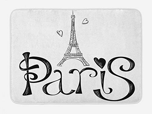 Lunarable Paris Bath Mat Illustration with Eiffel Tower France Heart Shapes Silhouette Vacation Theme Art Plush Bathroom Decor Mat with Non Slip Backing 29_5 X 17_5 White and Black