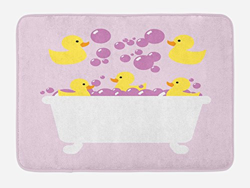 Lunarable Duckies Bath Mat Abstract Floating Rubber Ducks Purple Bubbles in a Tub Design Plush Bathroom Decor Mat with Non Slip Backing 29_5 X 17_5 Purple Yellow