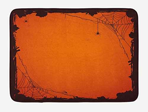 Ambesonne Spider Web Bath Mat Grunge Halloween Composition Scary Framework with Insects Abstract Cobweb Plush Bathroom Decor Mat with Non Slip Backing 29_5 X 17_5 Orange Brown