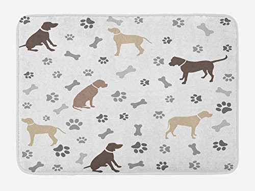 Ambesonne Dog Lover Bath Mat Paw Print Bones and Dog Silhouettes American Foxhound Breed Playful Pattern Plush Bathroom Decor Mat with Non Slip Backing 29_5 X 17_5 Umber Beige Grey