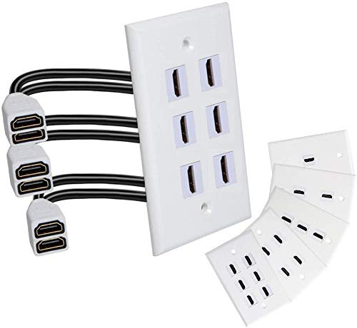 6 Ports 4K HDMI Wall Plate Outlet Cover with 6 Inch Female to Female High Speed HDMI Pigtail Cable for Video Game SystemsTV Boxes or Other HDMIEthernet Channel-Enabled Devices White