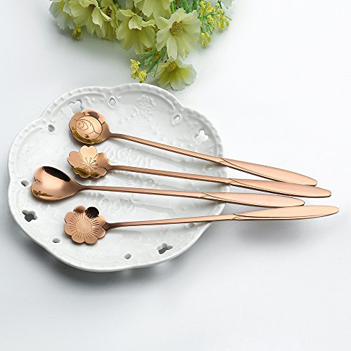 YUPIN Stainless Steel Tableware Creative Flower Coffee Spoon, Stirring Spoon, Sugar Spoon, Stir Bar Spoon, Mixing Spoon, Ice Tea Spoon, Ice Cream Spoon, 4-Piece Long Handle Spoons (Rose Gold)