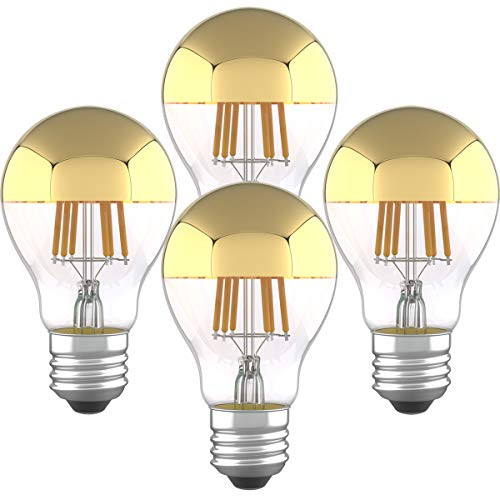 Half Chrome Light Bulb 6W 60 Watt Equivalent Dimmable A19 A Shape 2700K Warm White Decorative LED Edison Bulb Gold Tipped Mirror Light Bulb E26 Base Pack of 4