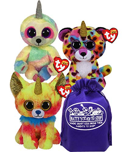 TY Beanie Boos Fairytale Unicorns Yips Chihuahuacorn Giselle Leopardcorn   Cooper Slothacorn Gift Set Bundle with Mattys Toy Stop Storage Bag - 3 Pack