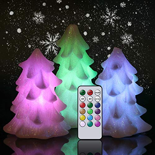 Wondise Glittering Christmas Tree Shaped Flameless Flickering Candles with Remote Timer Multi Color Changing Battery Operated Wax LED Candles for Christmas Home Decoration GiftIvory Set of 3
