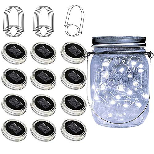 Cynzia Upgraded Solar Mason Jar Lights 12 Pack 30 LED Mason Jar Lid Lights Waterproof Fairy Firefly String Lights with Hangers for Mason Jar Patio Yard Garden Wedding Decoration Cold White