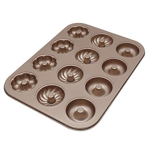 Donut Baking Pan, 3 Pattern & 12-Cavity, Non-Stick Small Donut Hole Pan/Fluted Tube Cake Pan/Bagel Maker Pan, Carbon Steel