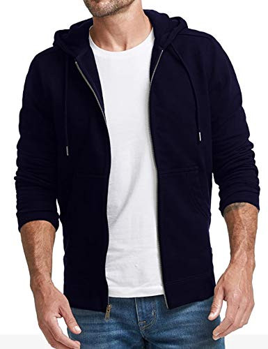 COOFANDY Mens Fashion Hoodie Full Zip Midweight Casual Hooded Sweatshirt Jacket Solid Color Navy Blue